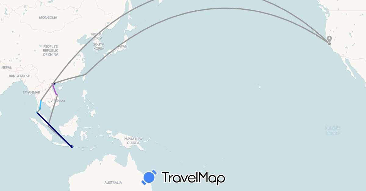 TravelMap itinerary: driving, plane, train, boat in China, Indonesia, Singapore, Thailand, Taiwan, United States, Vietnam (Asia, North America)